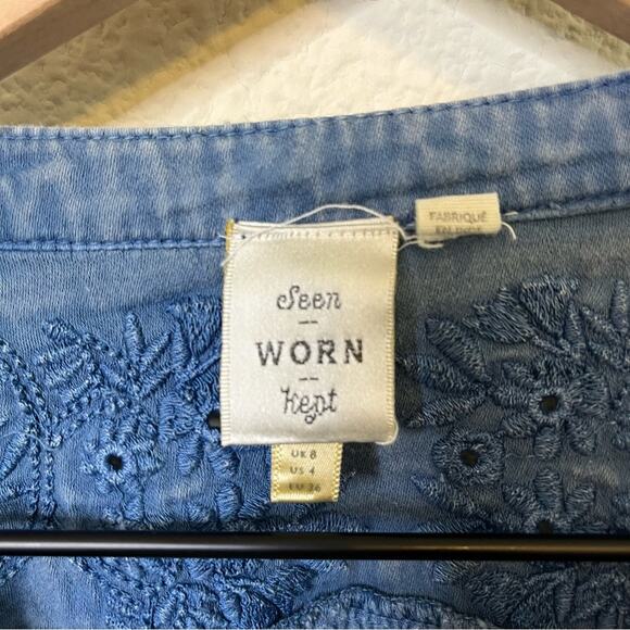 Anthropologie Seen Worn Kept Embroidered Cotton Flare-Sleeve Blouse Blue Size 4 - Picture 15 of 15
